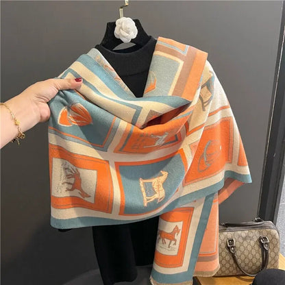 Luxury Cashmere Sacarf For Women Horse Print Thick Winter Blanket