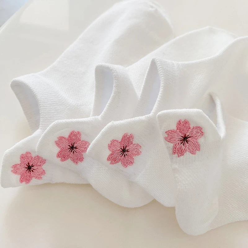 Women Short Socks Harajuku Cute Embroidery Cherry Blossom