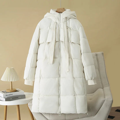 Winter Loose Design Ribbon Hooded Thicken Warm Cotton-padded Jacket