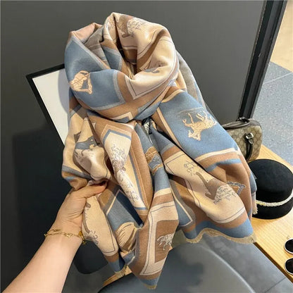 Luxury Cashmere Sacarf For Women Horse Print Thick Winter Blanket