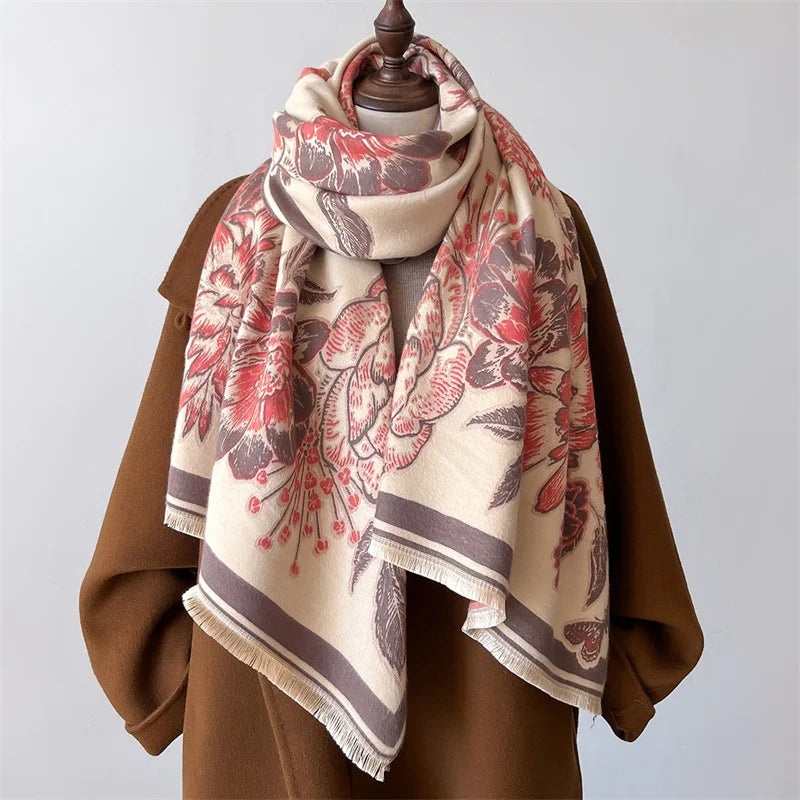 Floral Scarf Winter Women Pashmina Shawls Warm Blanket Wraps