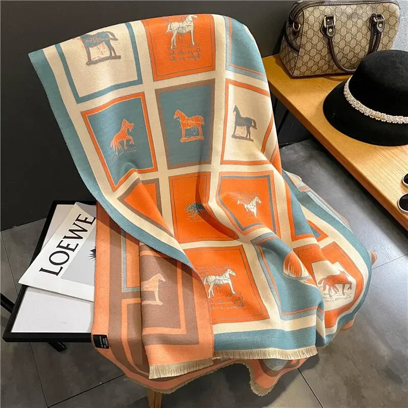 Luxury Cashmere Sacarf For Women Horse Print Thick Winter Blanket