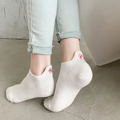 Women Short Socks Harajuku Cute Embroidery Cherry Blossom